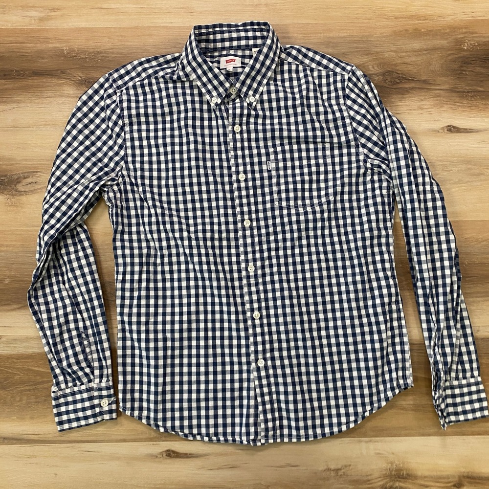 Levi's Button Down Shirt Size M Gingham Plaid Cotton Slim Fit Navy Blue White